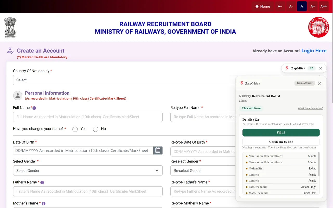The ZapMitra panel open beside a recruitment form, listing twelve details ready to fill, with the form marked as checked.