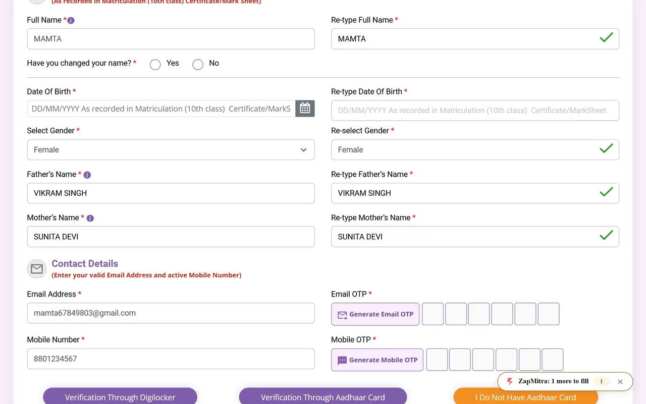 A recruitment form with its boxes filled in, and a small ZapMitra bar in the corner counting what is left.